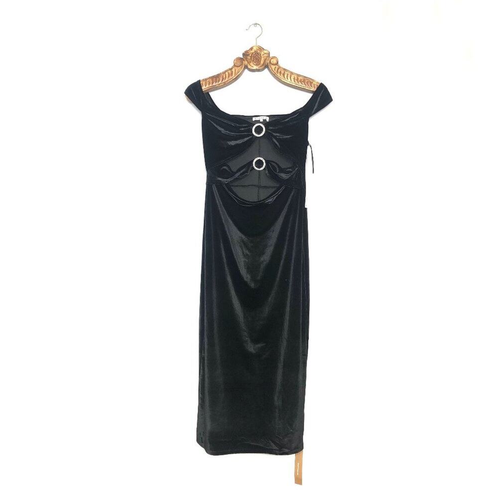 Reformation Lantern Velvet Midi Dress Embellished Cutout Bardot Off the Shoulder